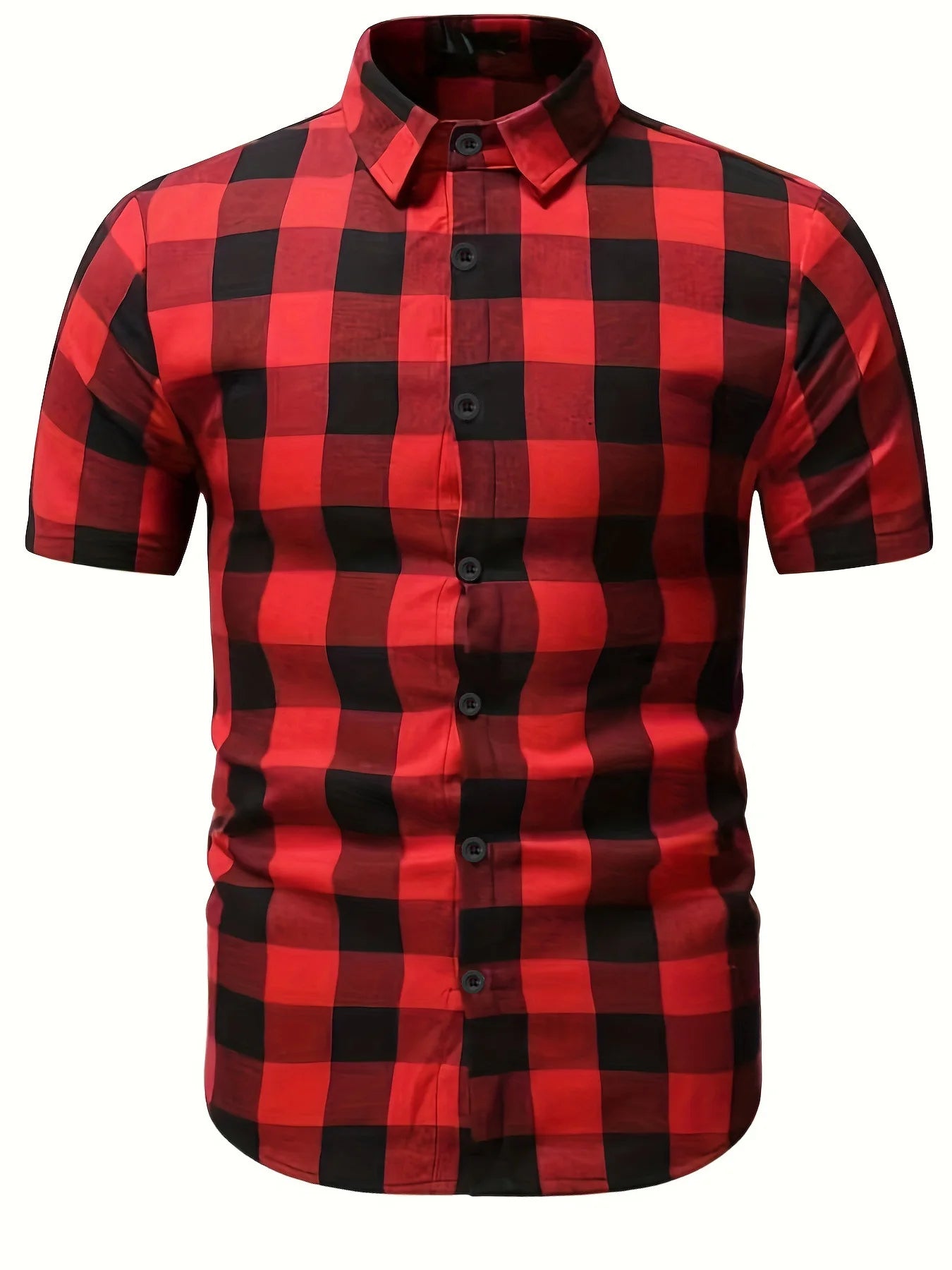 Men's Red Black Plaid Short Sleeve Shirt Summer Loose Casual Vintage Top