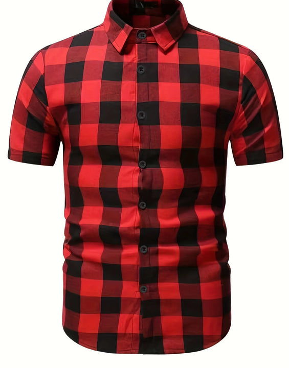 Men's Red Black Plaid Short Sleeve Shirt Summer Loose Casual Vintage Top