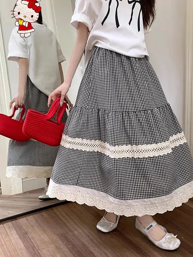 Jmprs Lace Patchwork Plaid Long Skirts Women High Waist Vintage Sweet Skirt Korean Casual Preppy Style Elegant A Line Skirts