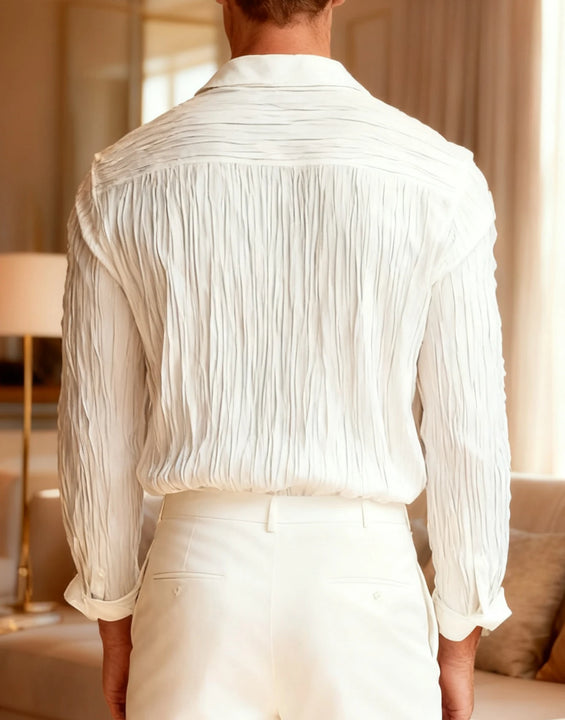 LVLAEA Pleated Textured Shirt Men Autumn Solid Color Long Sleeve Lapel Old Money Style Criss-cross Design Breathable Tated Shirt