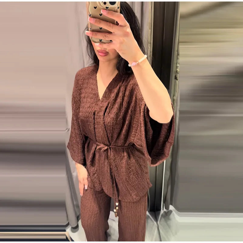 Tie Front Textured Women Set V-Neck Loose Set Wide Sleeve Drawstring Pants Casual Lounge Solid Color 2 Piece Outfits For Daily