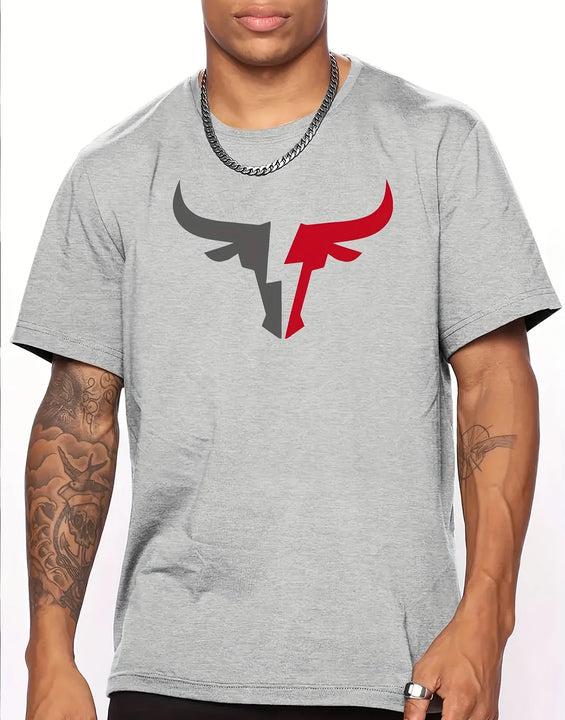 Summer men's 100% cotton comfortable casual loose fit plus size bull pattern print sports round neck short sleeved T-shirt top