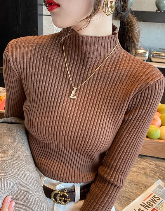 Elegant Solid Basic Knitted Tops Women Turtlneck Sweater Long Sleeve Casual Slim Pullover Korean Fashion Simple Chic Clothes