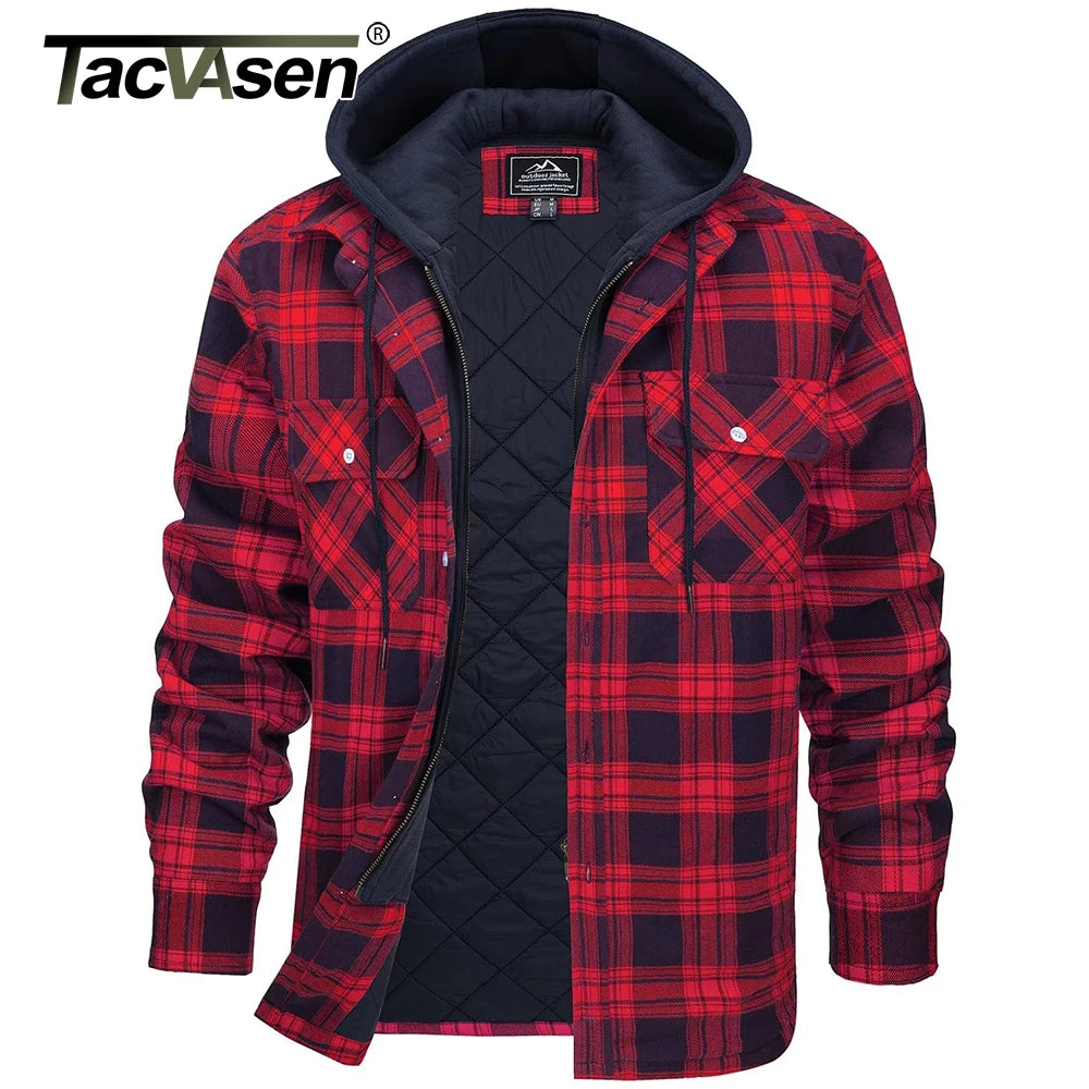 TACVASEN Men's Flannel Shirt Jacket with Removable Hood Plaid Quilted Lined Winter Coats Thick Hoodie Outwear Man Fleece Shirts