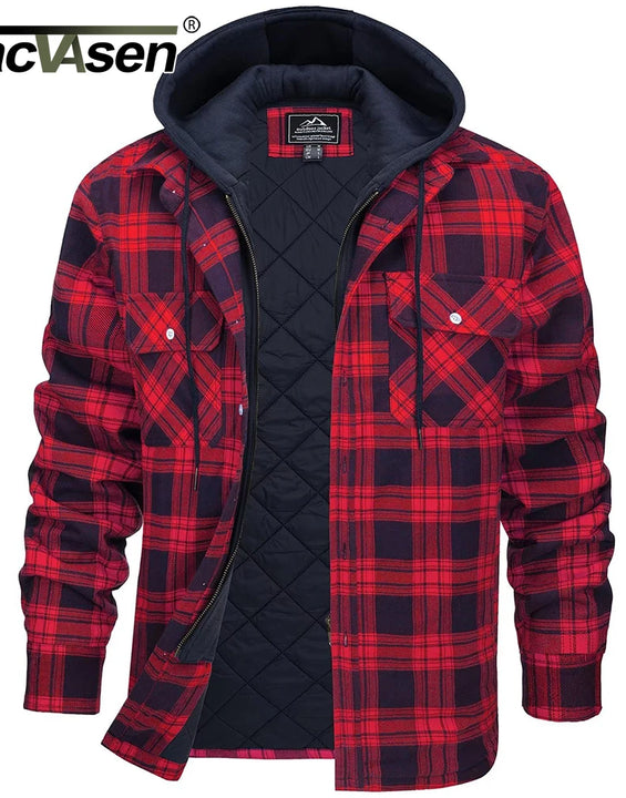 TACVASEN Men's Flannel Shirt Jacket with Removable Hood Plaid Quilted Lined Winter Coats Thick Hoodie Outwear Man Fleece Shirts