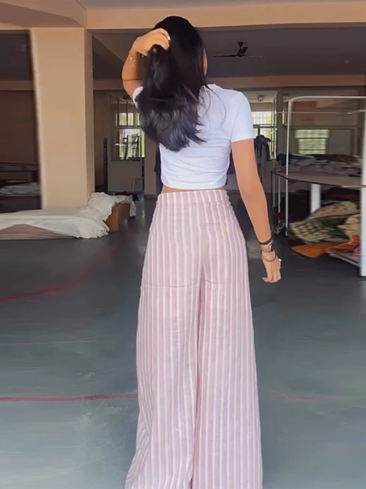 Pants Leg Stripe Women Trousers Adjustable Waist Wrap Loose Summer Floor Length Boho Palazzo Trousers Women Outfit For Women