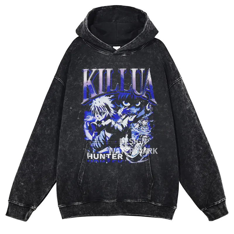 Killua Zoldyck Hoodies Vintage Washed Anime Hunter Hooded Sweatshirts Oversized Streetwear Manga Gon Kurapika Hoodie
