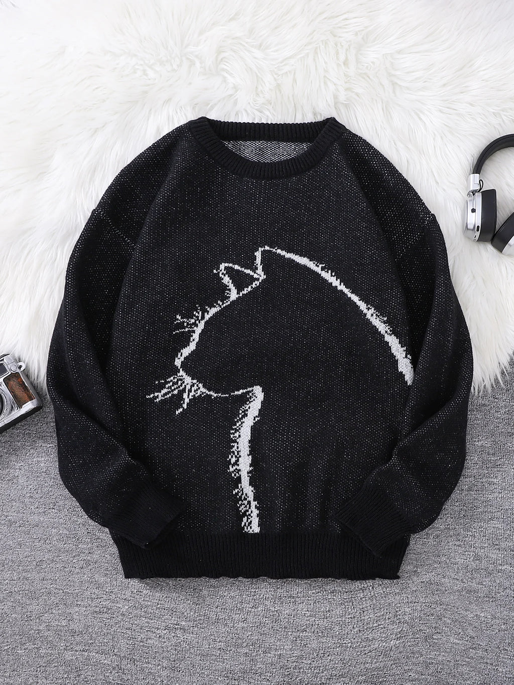 New Popular Autumn and Winter Simple Kitten Jacquard Double-Sided Pattern Pullover Sweater Casual Round Neck Knitted Men's Pullover
