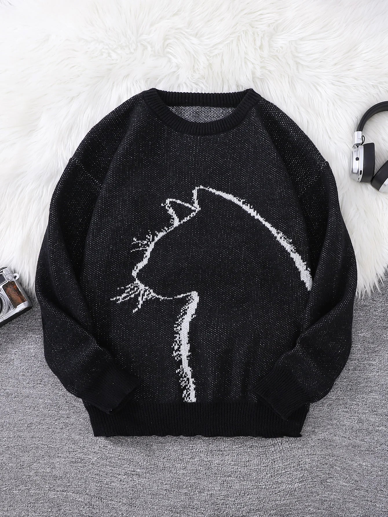 New Popular Autumn and Winter Simple Kitten Jacquard Double-Sided Pattern Pullover Sweater Casual Round Neck Knitted Men's Pullover