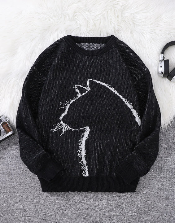 New Popular Autumn and Winter Simple Kitten Jacquard Double-Sided Pattern Pullover Sweater Casual Round Neck Knitted Men's Pullover