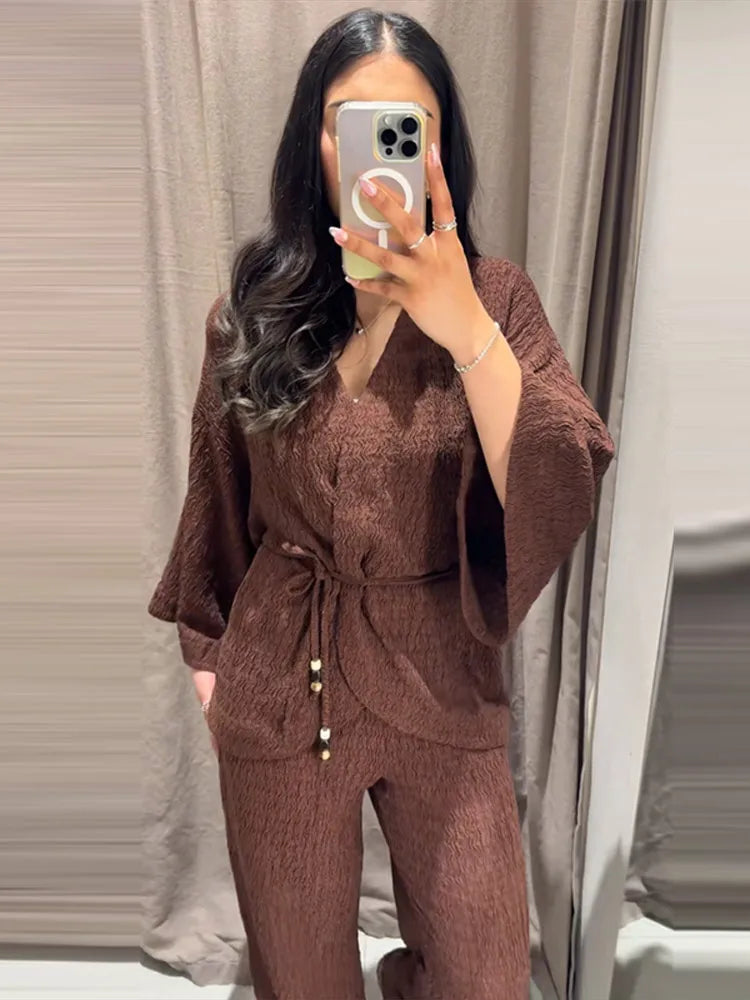 Tie Front Textured Women Set V-Neck Loose Set Wide Sleeve Drawstring Pants Casual Lounge Solid Color 2 Piece Outfits For Daily