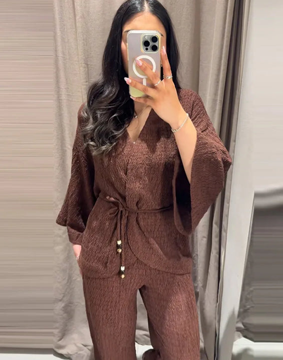 Tie Front Textured Women Set V-Neck Loose Set Wide Sleeve Drawstring Pants Casual Lounge Solid Color 2 Piece Outfits For Daily