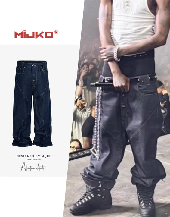 MIJKO High Street Cleanfit Drak Blue Jeans for Men and Women Straight Vintage Casual Denim Trousers ZJ080
