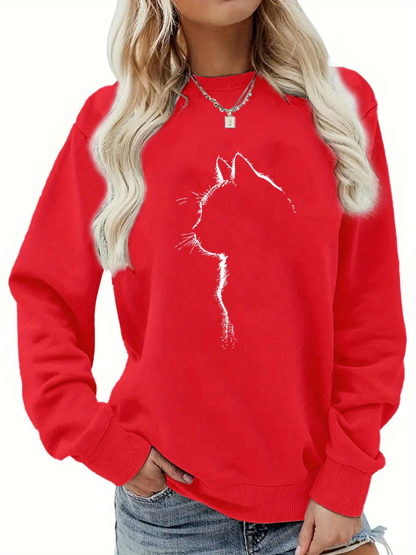 Women's autumn and winter casual loose and comfortable warm cat pattern printed round neck long sleeved pullover