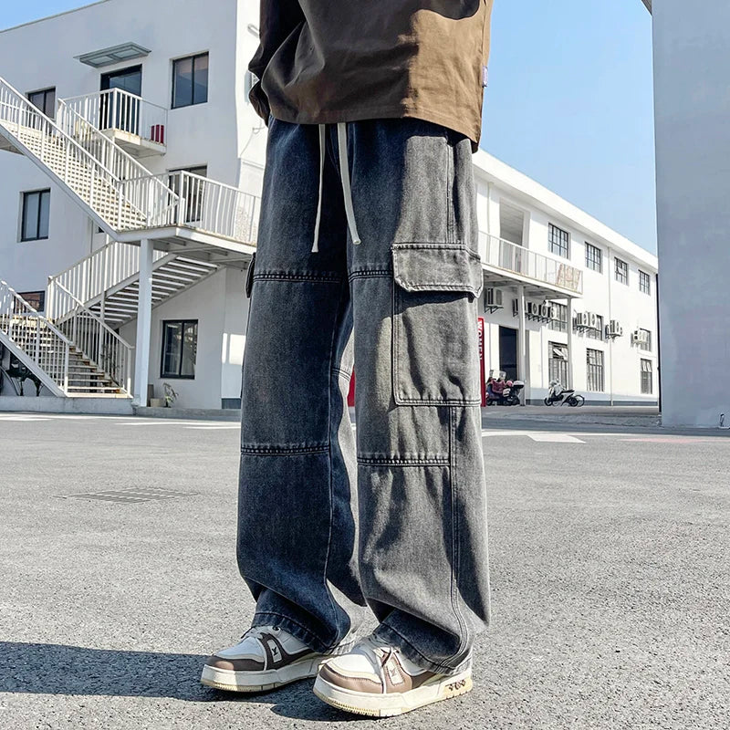 2025 new men's cement grey work jeans Y2K street hip-hop large pocket wide-leg straight jeans trousers jogging black light blue