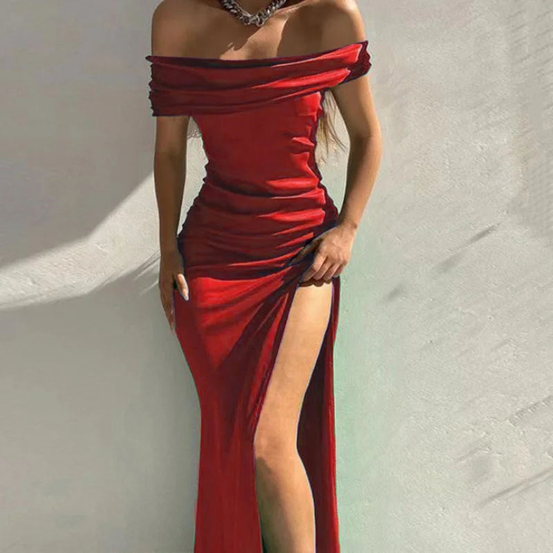 Fashion One-line Collar Off The Shoulder Dresses Women Commuter Slim Side Split Hem Dress Summer Gala Party Female Wrap Hip Gown