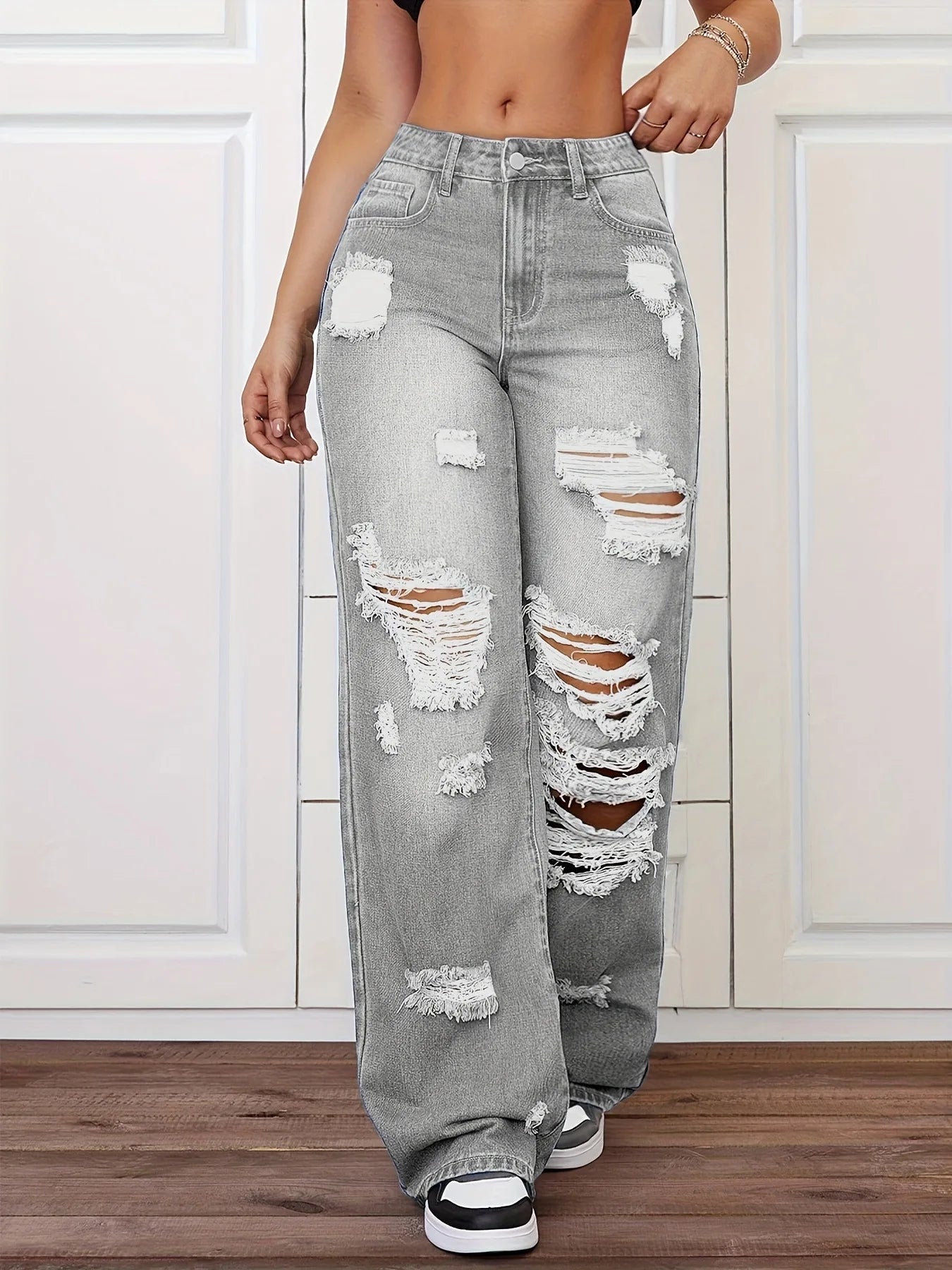 ANJY Spring Autumn New Women Washed Vintage Ripped Design High Street Jeans Trendy Fashion Straight Versatile Denim Pants A23084