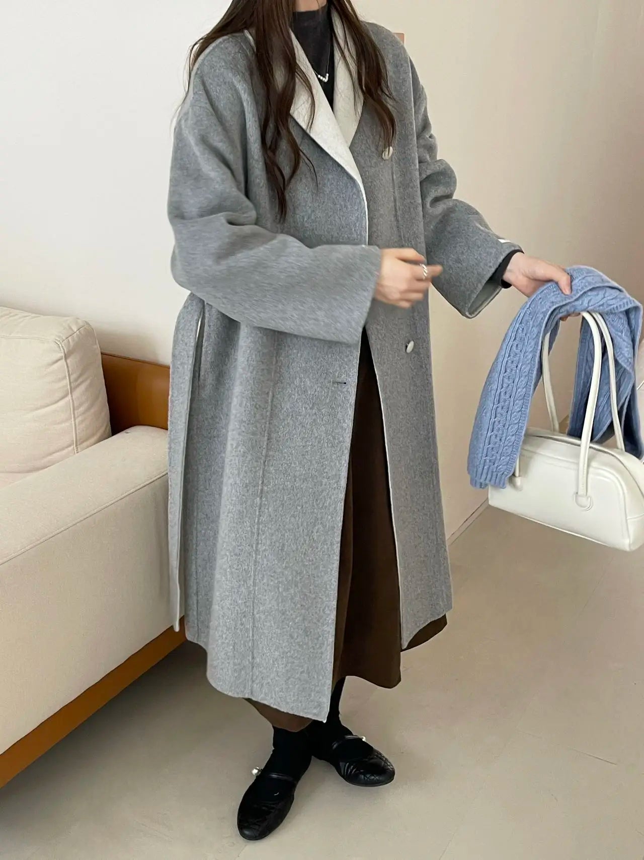 Women Autumn Gentle Elegant Temperament All-match Leisure Solid Long Korean Style Loose Temperament Loose Woolen Coat Female