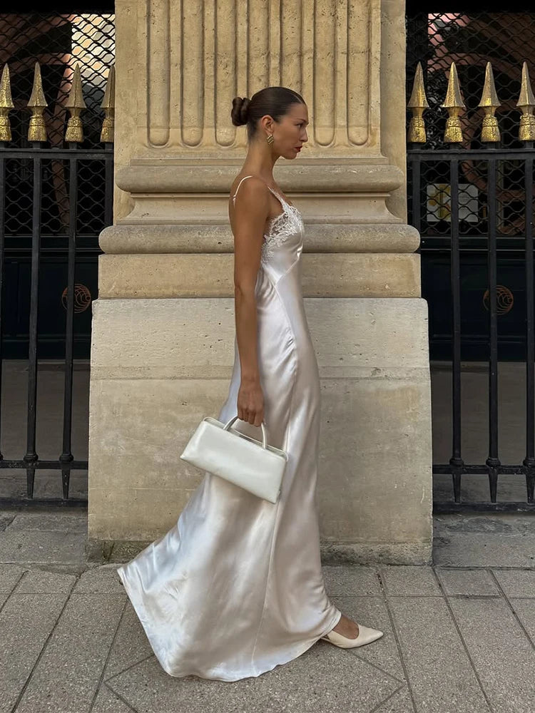 Chic Women Sexy V-neck Satin Sling Maxi Dress White Lace Patchwork Sleeveless Backless Slim Gowns Summer Evening Party Dresses