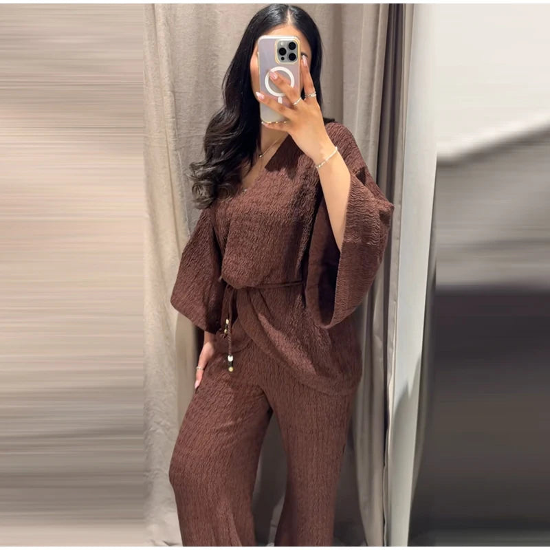 Tie Front Textured Women Set V-Neck Loose Set Wide Sleeve Drawstring Pants Casual Lounge Solid Color 2 Piece Outfits For Daily
