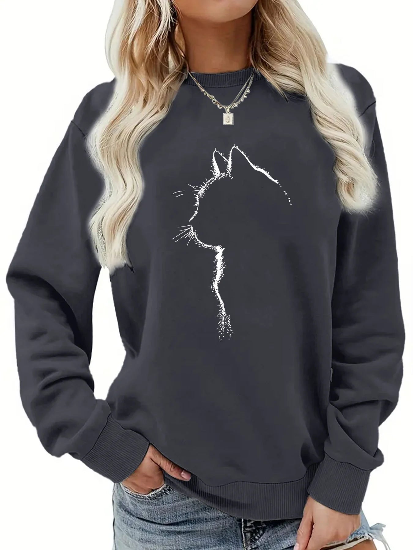 Women's autumn and winter casual loose and comfortable warm cat pattern printed round neck long sleeved pullover