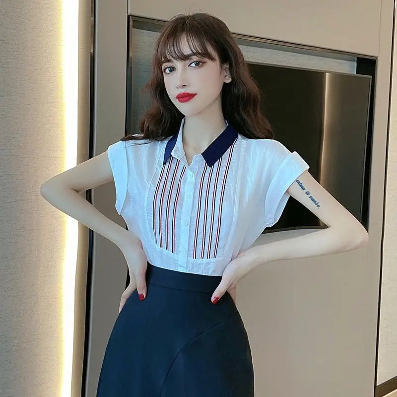Chiffon Base Shirt for Women in Spring and Summer New Commuting Simple Short-sleeved Striped T-shirt Versatile Lined Thin Top