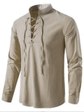 Men's  Casual Henley Shirt  Stand Collar Long Sleeve with Drawstring Cuffs Casual Henry Collar Shirt