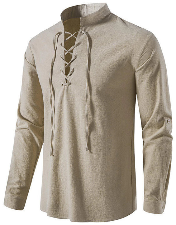 Men's  Casual Henley Shirt  Stand Collar Long Sleeve with Drawstring Cuffs Casual Henry Collar Shirt