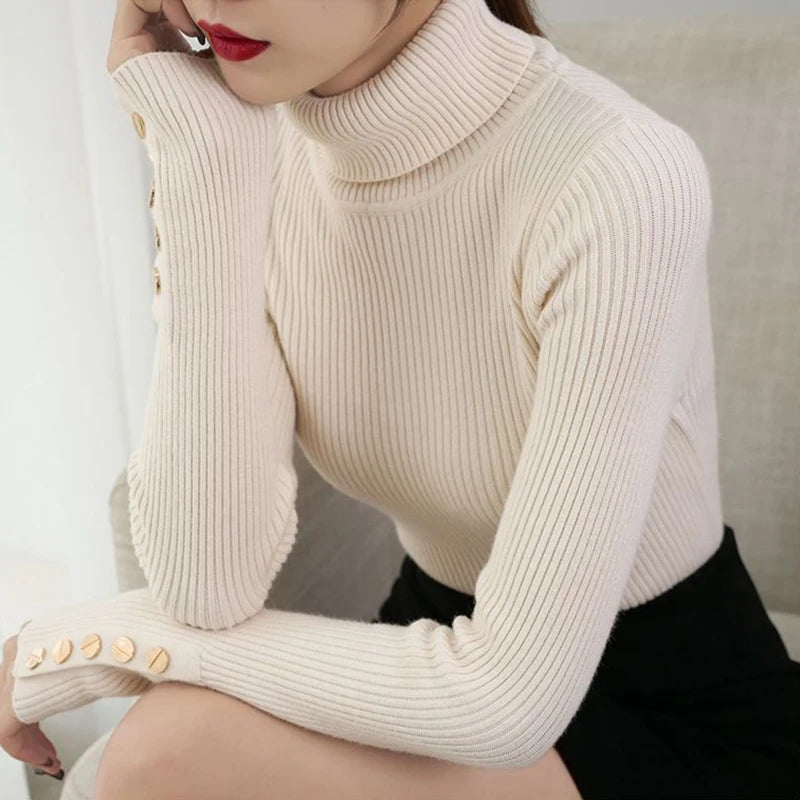 2026 Knitted Turtleneck Women Sweater Button Long Sleeve Pullovers Autumn Winter Basic Femme Sweaters Slim Solid Pull Tops