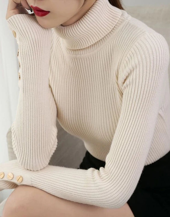 2026 Knitted Turtleneck Women Sweater Button Long Sleeve Pullovers Autumn Winter Basic Femme Sweaters Slim Solid Pull Tops