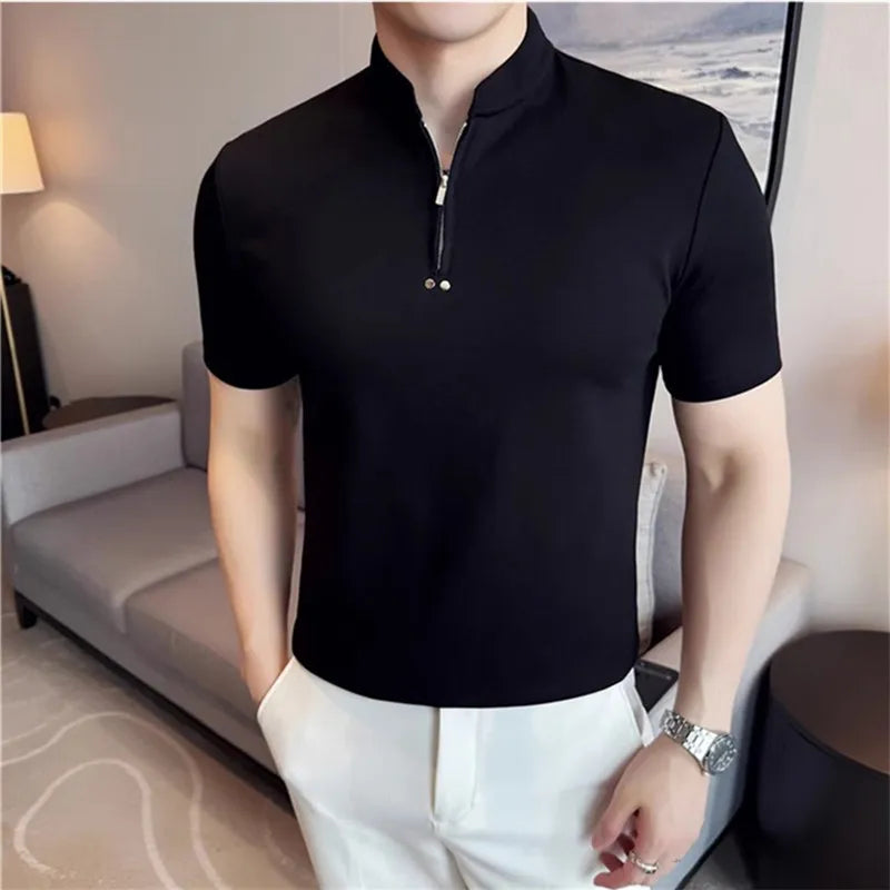Summer Men's Stand Collar T-Shirts Fashion Half Zipper Pullover Tees Tops Men Solid Color Short Sleeve Slim Fit Casual  Tshirt