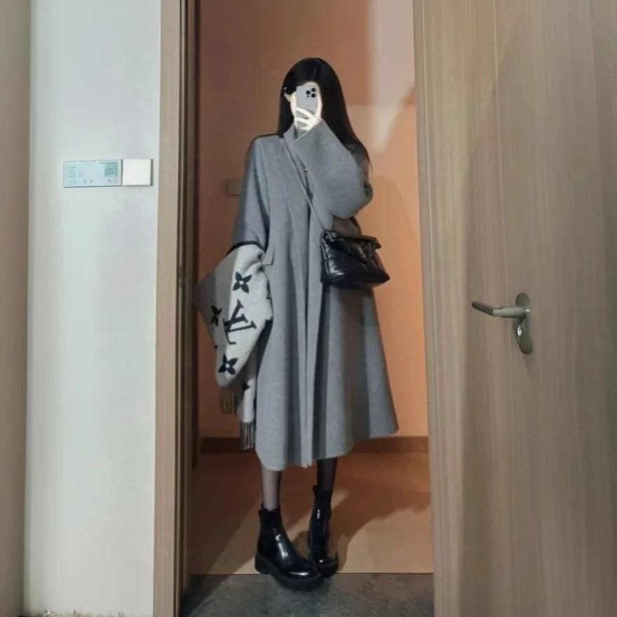 High-end Gray Women Thick Double-sided Wool Cashmere Coat New Loose Lapel Long Sleeve Woolen Coats Female Overcoat Winter