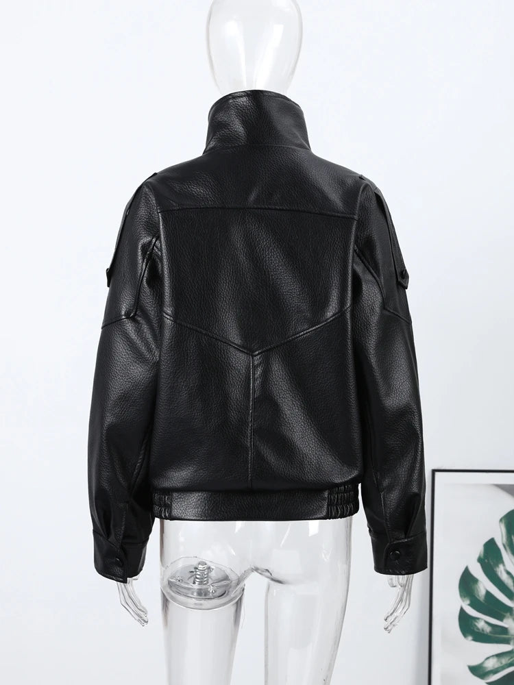 Women Bomber Jacket Leather Coat Retro Coat Stand-Collar Top Textured Clothes Lversized Biker Coat Casual Streetwear Outerwear