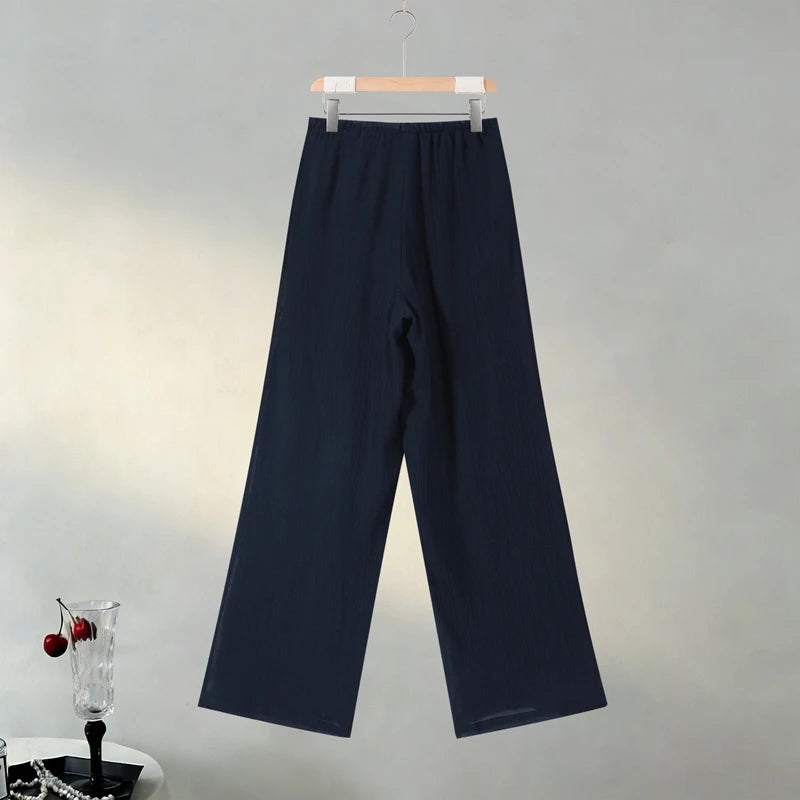 Tie Front Textured Women Set V-Neck Loose Set Wide Sleeve Drawstring Pants Casual Lounge Solid Color 2 Piece Outfits For Daily