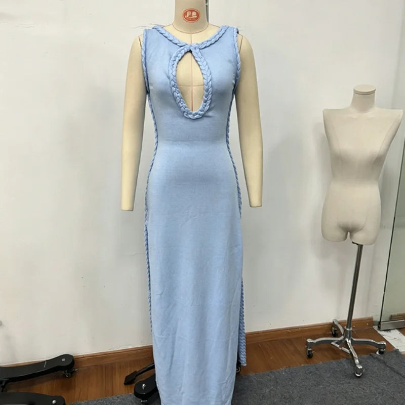 Women Elegant Maxi Dress Keyhole Neckline Braided Trim Sleeveless Backless High Slit Hem Solid Dresses 2026 Summer Fashion Gown