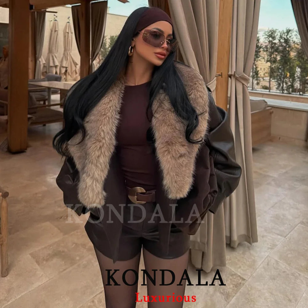 Fur-Collar Faux Leather Jacket