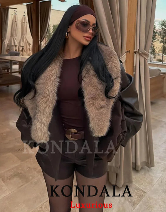 Fur-Collar Faux Leather Jacket