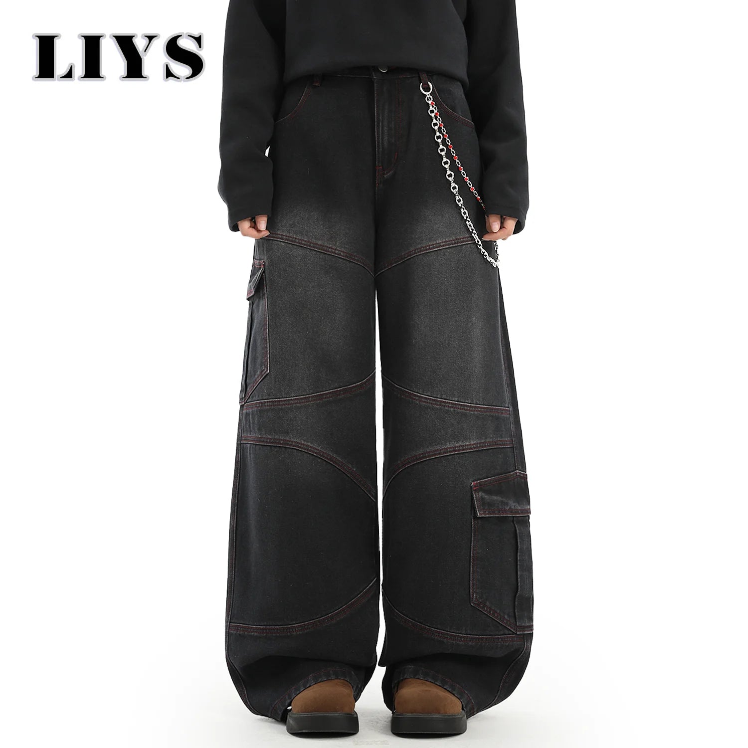 American Street Retro Bright Thread Deconstruction Loose Wide Leg Jeans Unisex  Baggy Men's Clothes Multi Pocket Workwear Jeans