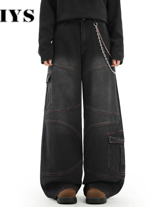 American Street Retro Bright Thread Deconstruction Loose Wide Leg Jeans Unisex  Baggy Men's Clothes Multi Pocket Workwear Jeans