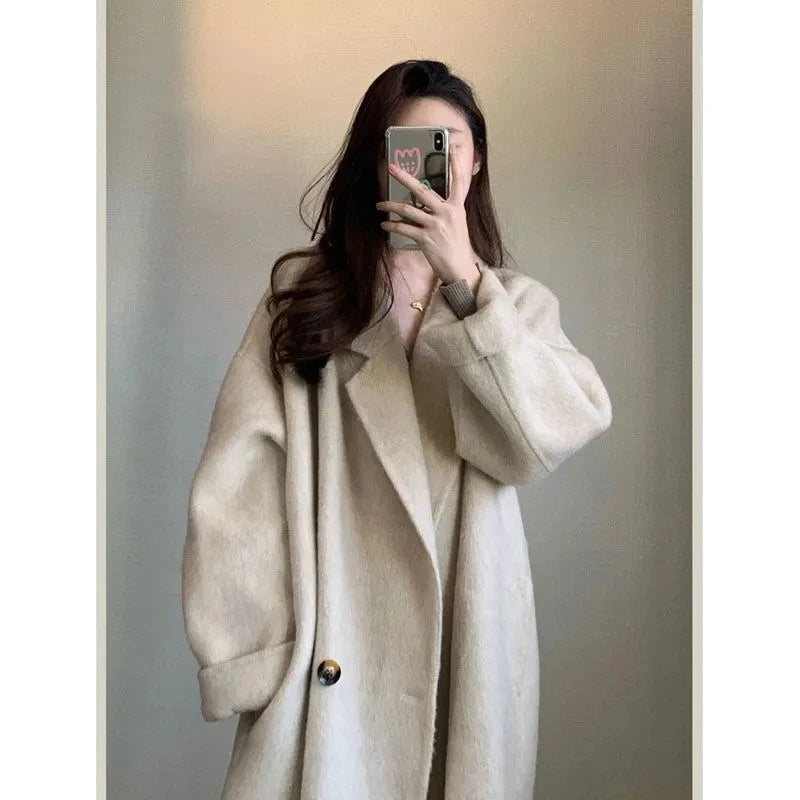 100% Wool Coat Lapel Overcoat Women Wool Blend Double Breasted Long Sleeve Shoulder Pad Coat 2024 Autumn Female Outwear