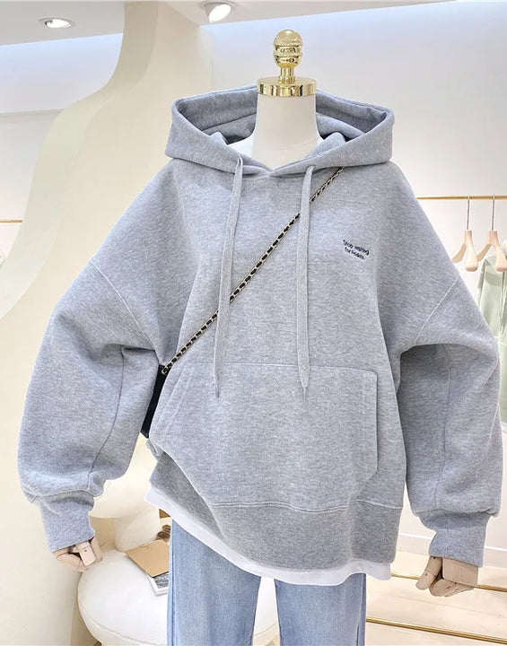 Women Solid Hoodies Sweatshirts Loose Long Sleeve Tops Casual Sporty Thick Warm Ladies Pockets Hooded Pullover Sweatshirt