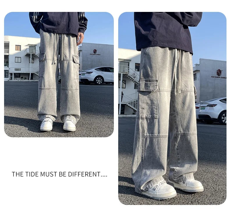 2025 new men's cement grey work jeans Y2K street hip-hop large pocket wide-leg straight jeans trousers jogging black light blue