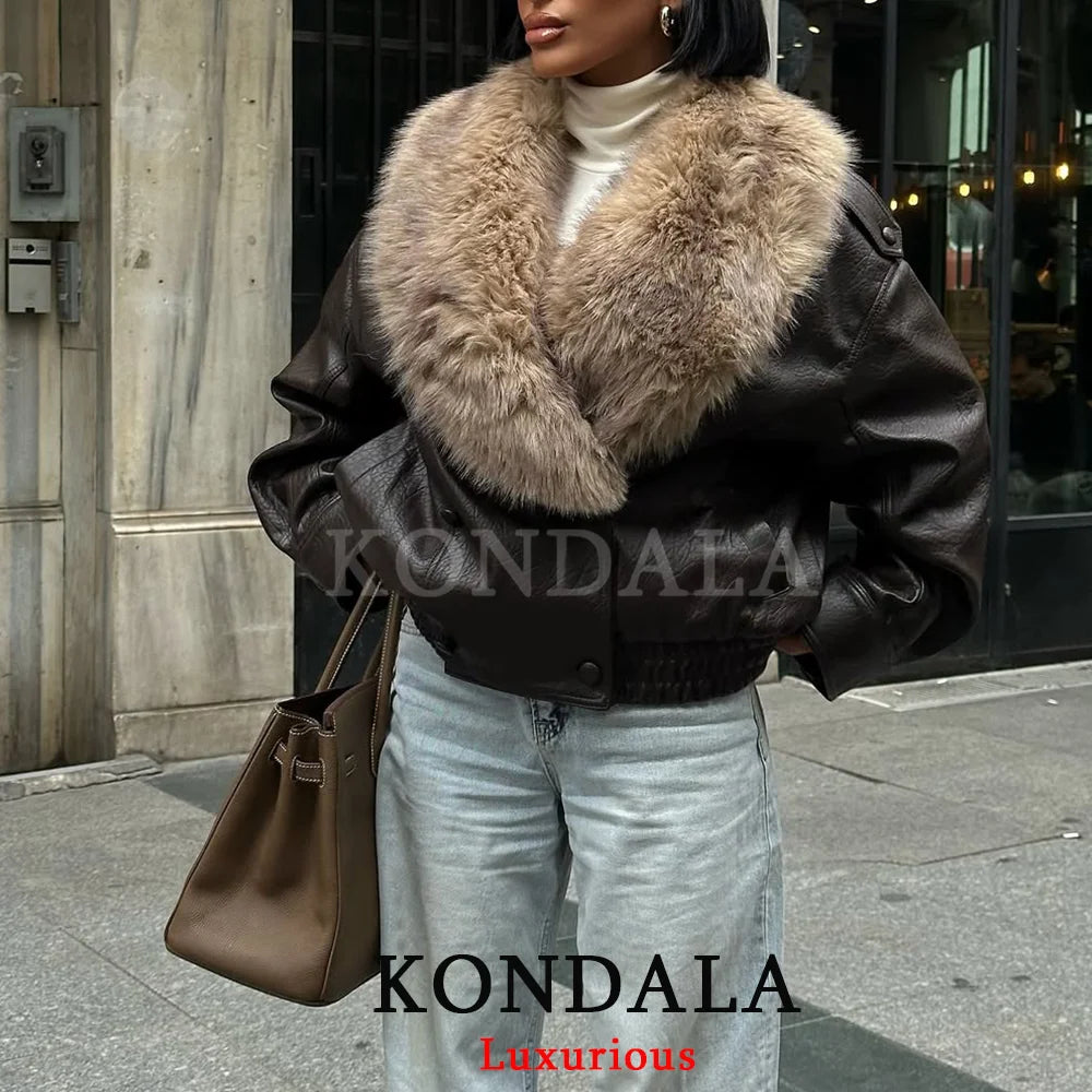 Fur-Collar Faux Leather Jacket