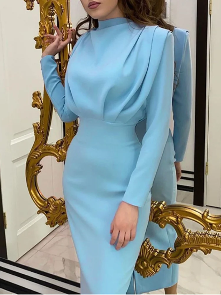 Round Neck Pleated Long Sleeved High Waisted Solid Color Women's Dress Daily Office Elegant Urban Style Autumn Dress