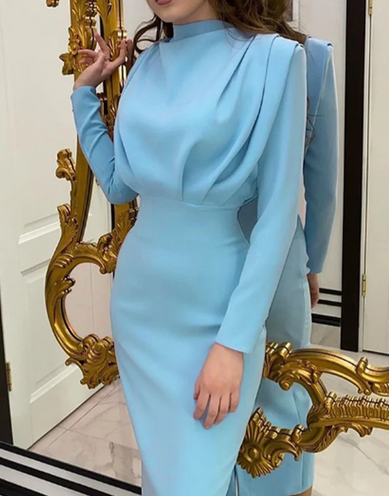 Round Neck Pleated Long Sleeved High Waisted Solid Color Women's Dress Daily Office Elegant Urban Style Autumn Dress