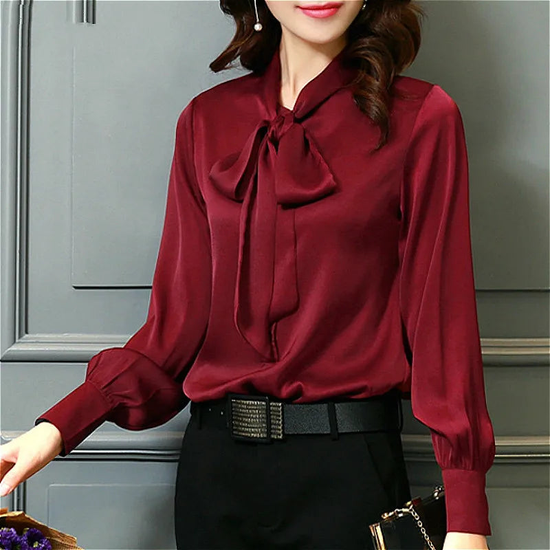 Autumn Loose Tops Womens Casual Chiffon Blouse V-Neck Solid Shirt Bow Lantern Sleeve Fashion Blouses Clothes Blusas Mujer 2198