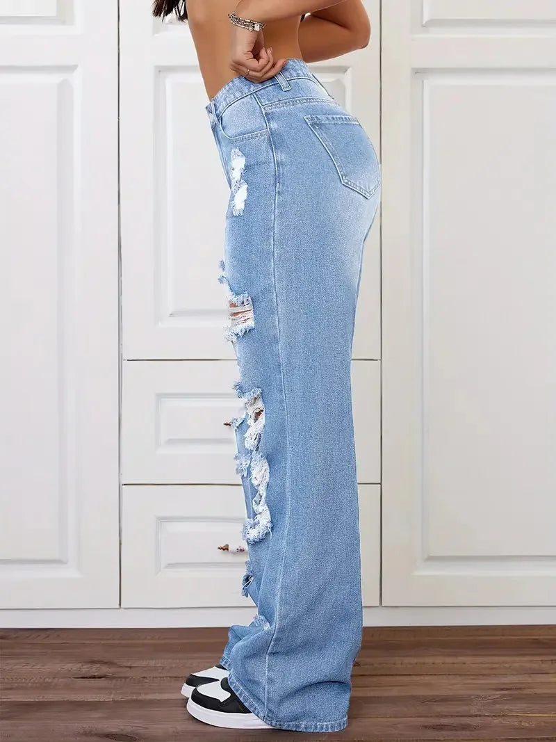 Distressed Washed High Waist Straight Leg Versatile Loose Fit Denim Pants for Women