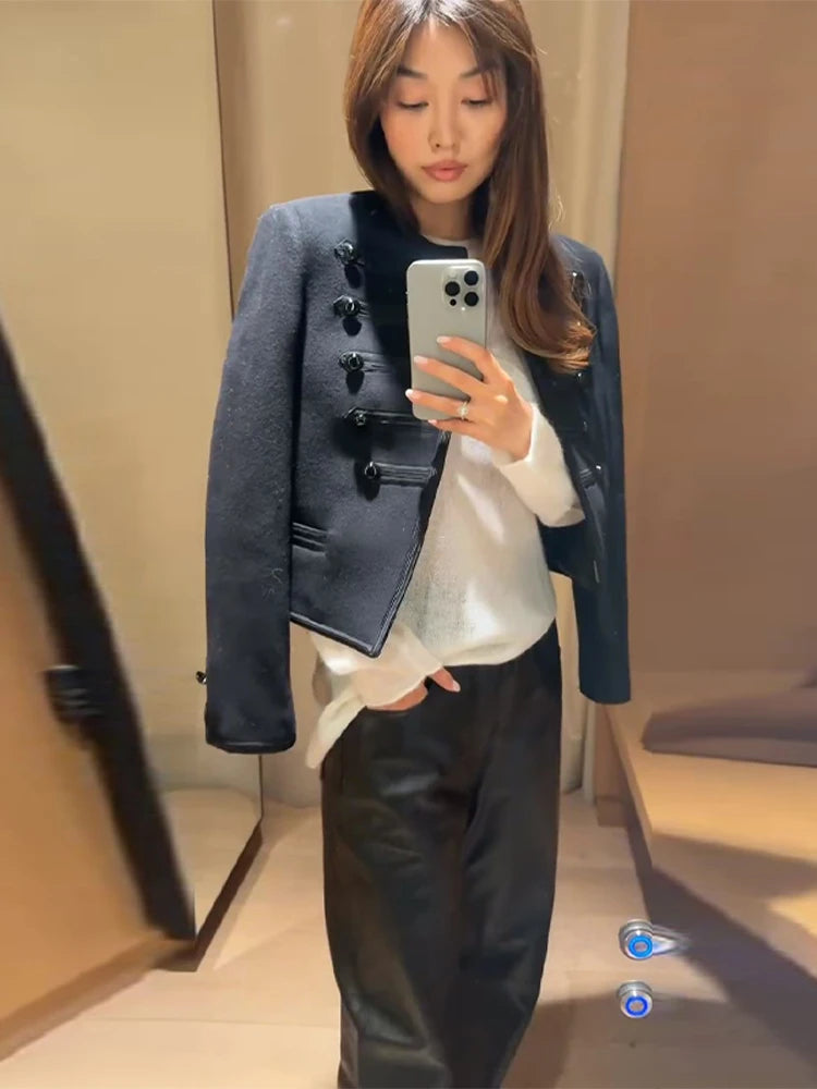 Casual Solid Women's Jacket O-Neck Full Sleeve Button Black Lady Cropped Jackets 2026 Spring Chic Female Street Outerwear