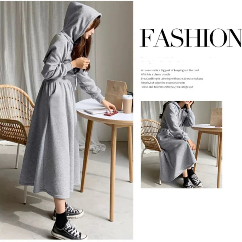 Autumn Winter Casual Women Hooded Cotton Long Dress Long Sleeved Pullover Solid Hoodie Shirring A-Line Floor-Length Rib Dresses