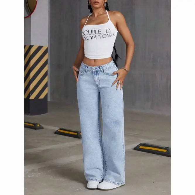 American Women's Blue Washed High-Waisted Straight-Leg Jeans Loose Fashion Front & Back Pockets Jeans Suitable Daily Casual Wear